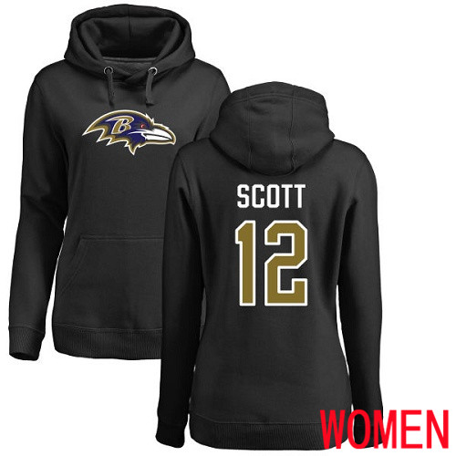 Baltimore Ravens Black Women Jaleel Scott Name and Number Logo NFL Football #12 Pullover Hoodie Sweatshirt->baltimore ravens->NFL Jersey